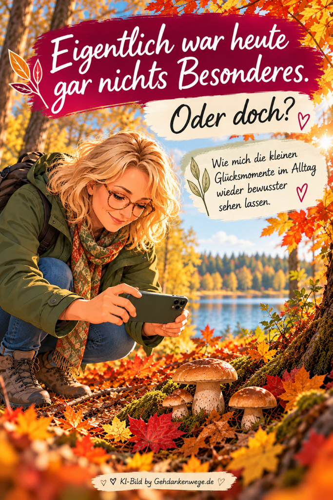 Illustration einer Frau, die beim Herbstspaziergang kleine Glücksmomente entdeckt – Eigentlich war heute gar nichts Besonderes. Oder doch?
