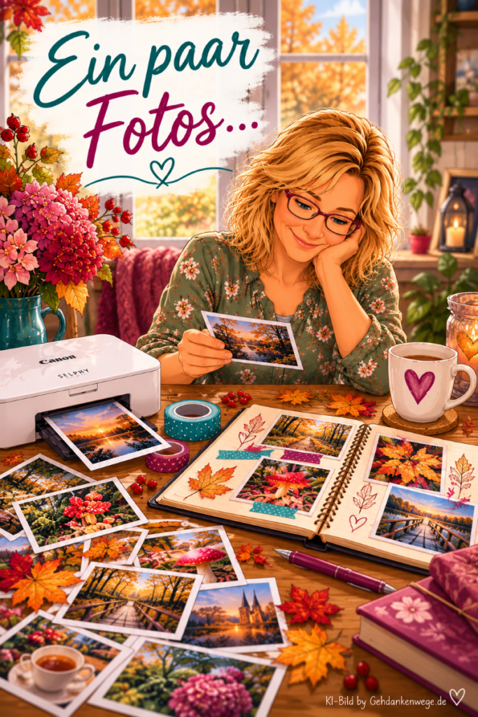 Hochkant gestaltete Illustration einer Frau, die ein Erinnerungsfoto betrachtet. Daneben liegen ein Foto-Tagebuch und ausgedruckte Bilder. Die Grafik trägt den Titel „Ein paar Fotos …“.