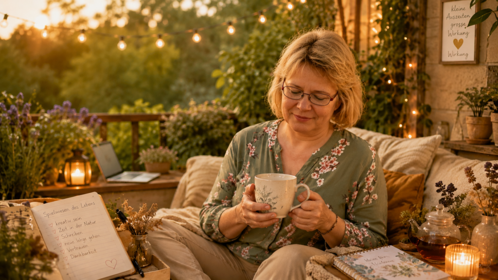 Bewusste Zwischenzeit mit Tee, Journal, Natur und kreativen Gedankenräumen für Frauen 50plus.