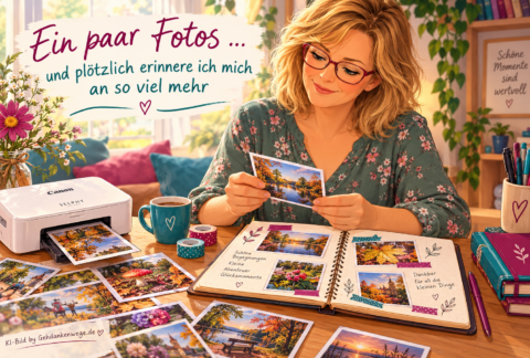 Illustration einer Frau, die ein Erinnerungsfoto betrachtet. Auf dem Tisch liegen ein Bullet Journal, ausgedruckte Fotos und ein Fotodrucker.