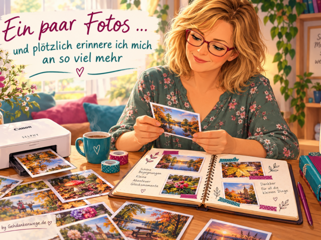 Illustration einer Frau, die ein Erinnerungsfoto betrachtet. Auf dem Tisch liegen ein Bullet Journal, ausgedruckte Fotos und ein Fotodrucker.