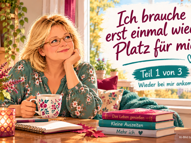 Gezeichnete blonde Frau mit Brille und grün geblümter Bluse sitzt entspannt mit einer Teetasse am Fenster. Daneben steht der Schriftzug „Ich brauche erst einmal wieder Platz für mich“.
